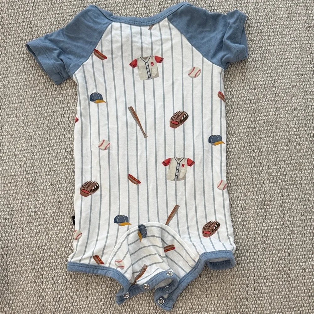 Kyte BABY Blue & White Baseball-Print Short Sleeve One-Piece